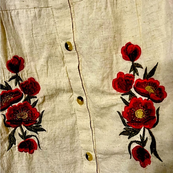 Linen Maxi Skirt with Embroidered Red Flowers; Beige/Cream; Small - Picture 1 of 5